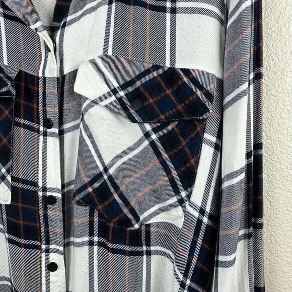Sanctuary Women's Size L Long Sleeve Plaid Boyfriend Shirt Blue White Snap Front - Picture 4 of 11